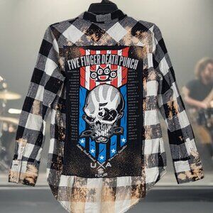 Upcycled FIVE FINGER DEATH PUNCH distressed plaid flannel shirt